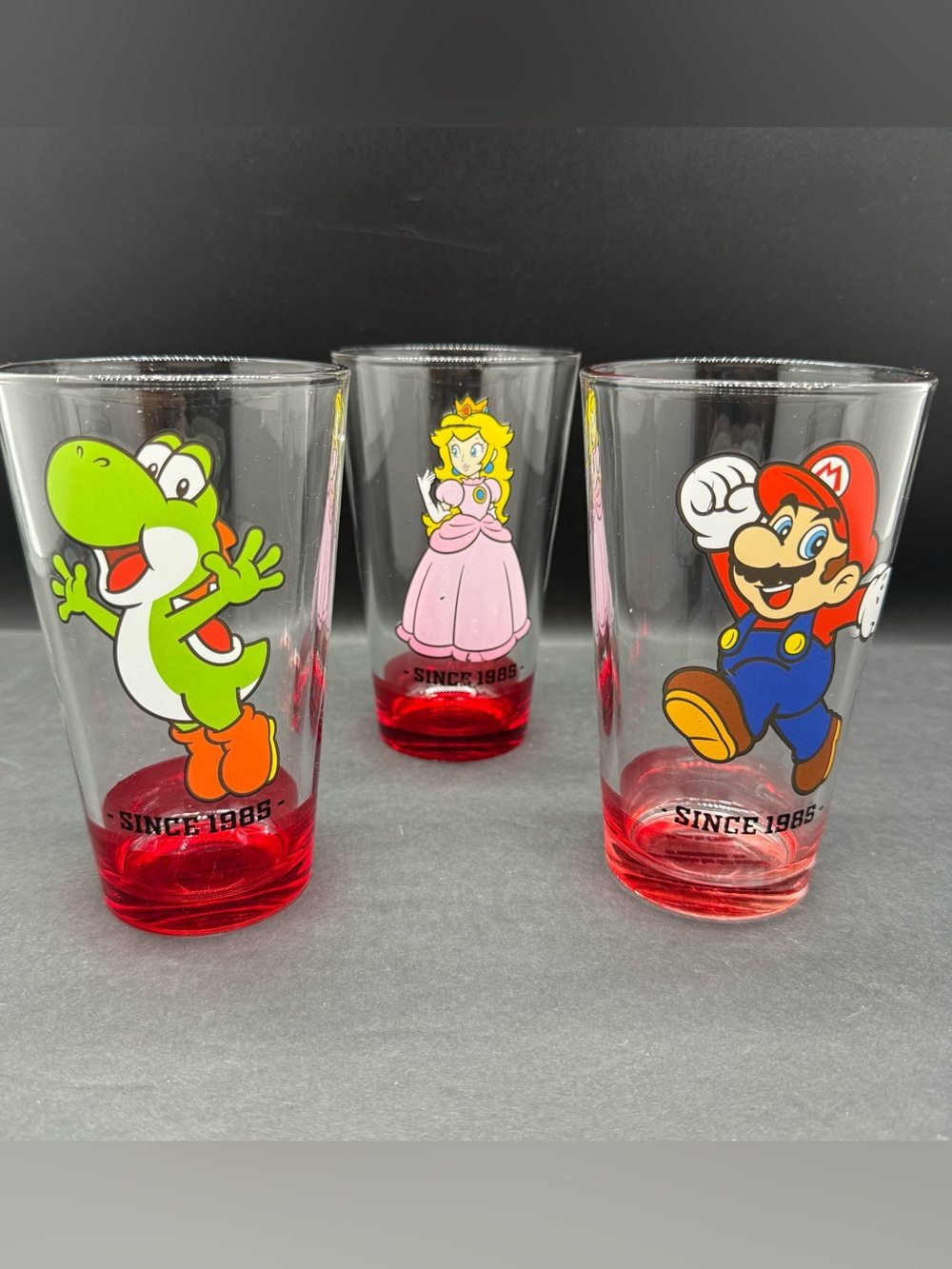 Super Mario Mario, Luigi, Princess Peach Pint Drinking Glasses Set of 3 Vintage